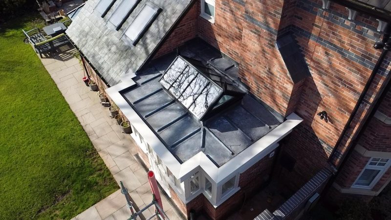 Lead flat roof detail against the Marple skyline