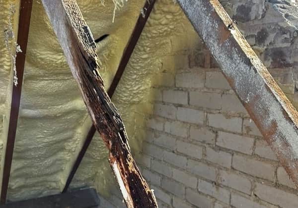 Spray foam on a roof slope beside a rafter, with timber decay visible on the exposed timber